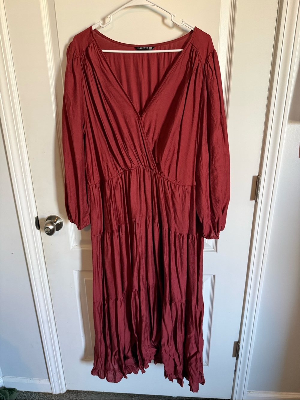 BloomChic Rust Red Tiered Maxi Dress with V-Neck